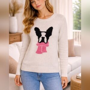 Cupcakes & Cashmere Dog Graphic Sweater Cream Knit Pink Scarf Cozy Size M